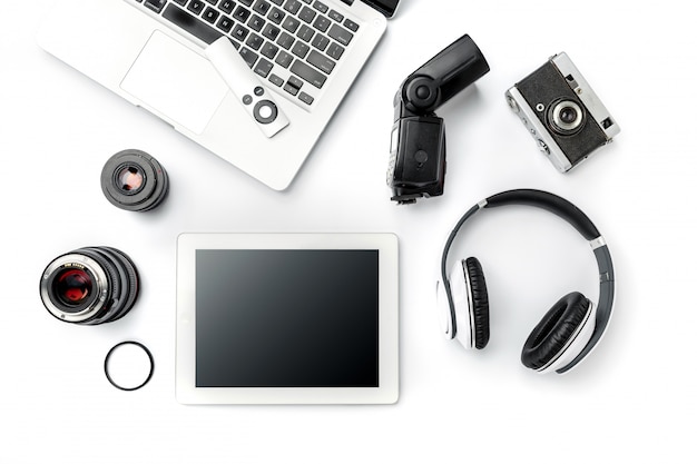 Free photo workplace of business. modern male accessories and laptop on white