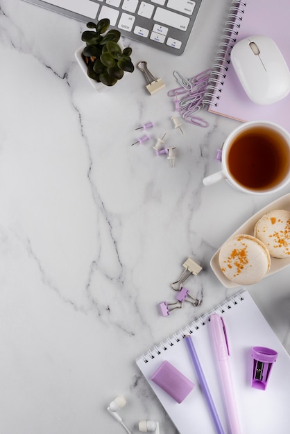 Workplace elements on marble table top view