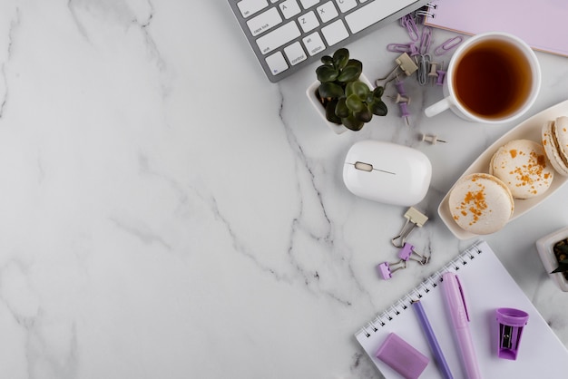 Workplace elements on marble table