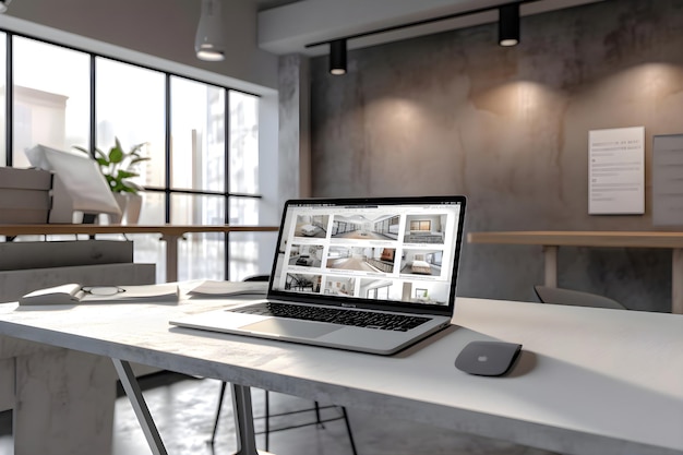 Free photo workplace with laptop on table in modern office 3d rendering