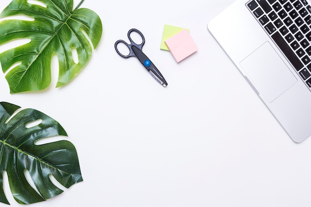 Workplace with leaves and laptop