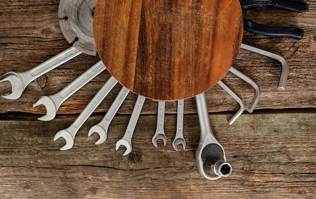 Workshop, repair. Tools on the wooden table