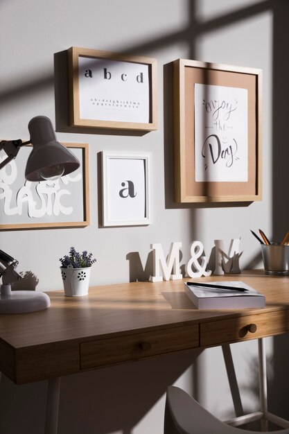 Workspace desk with plant and lamp