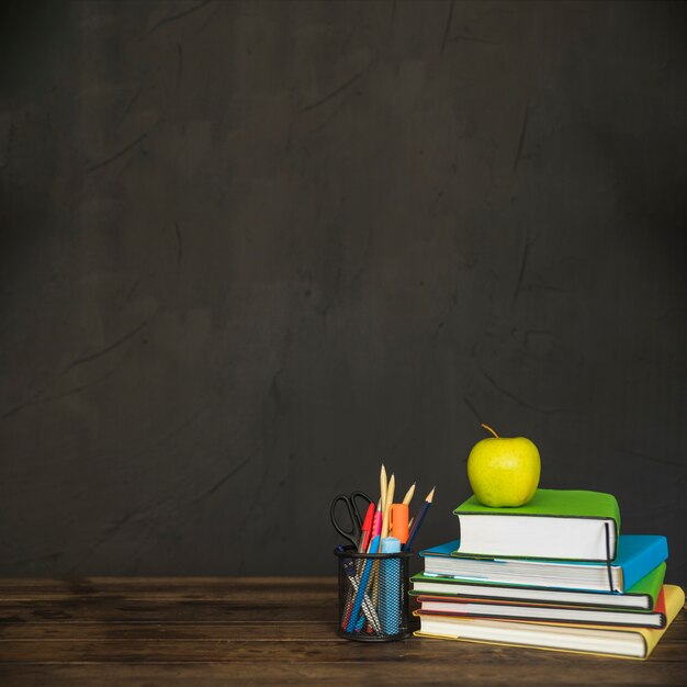 workspace with books and stationery