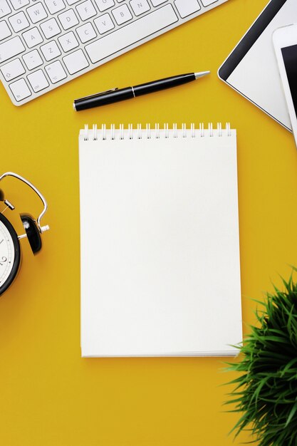 Workspace with office supplies, top view