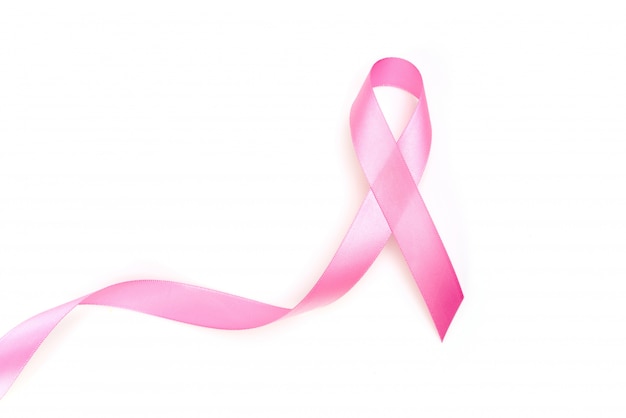 World cancer day : breast cancer awareness ribbon on white backg