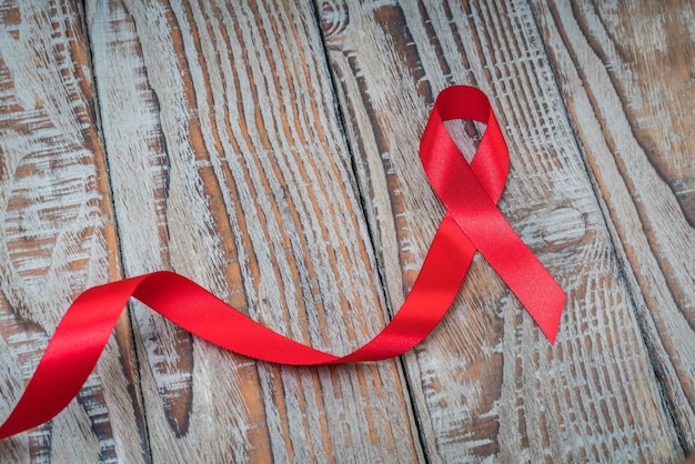 World cancer day : Breast Cancer Awareness Ribbon on wood Backgr