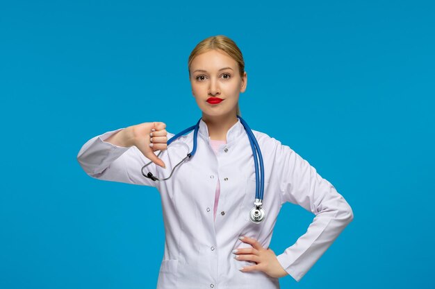 세계 의사의 날 귀여운 의사가 의료 코트에 청진기로 나쁜 징조를 보이고 있다