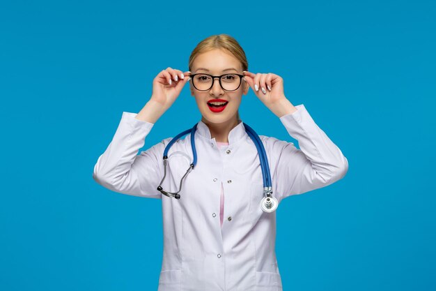 World doctors day smiling doctor holding glasses with the stethoscope in the medical coat