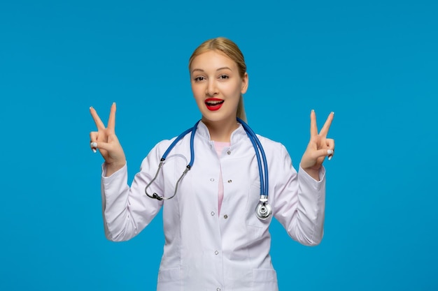 World doctors day smiling doctor showing peace sign with the stethoscope in the medical coat