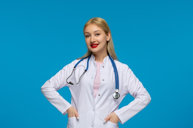 World doctors day smiling young doctor with the stethoscope in the medical gown