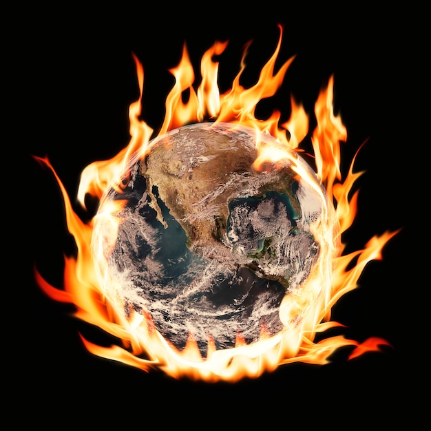 World on fire image, global warming, environment remix with fire effect