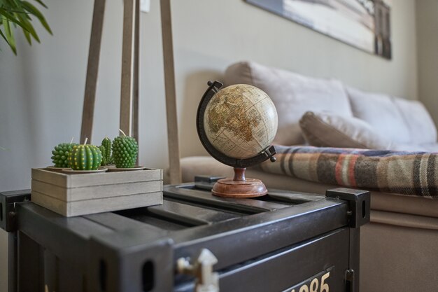 World globe figure on the shelf next to a plant by the bed