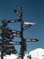 world landmark signpost in bc indicating the various distances to different cities