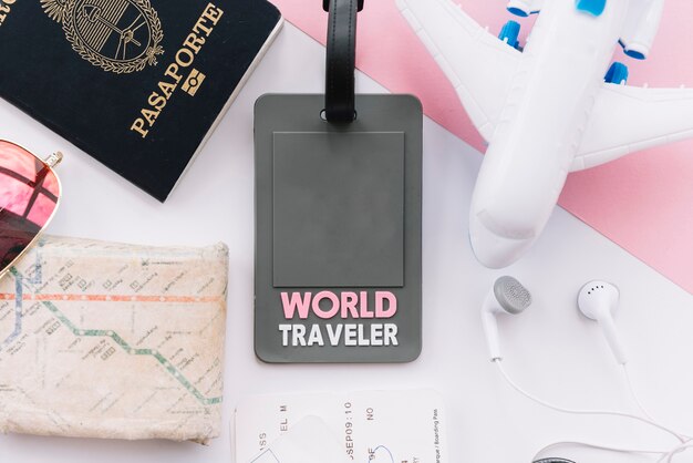 パスポート付き世界旅行者タグ;地図;おもちゃ飛行機;白い背景にイヤホン