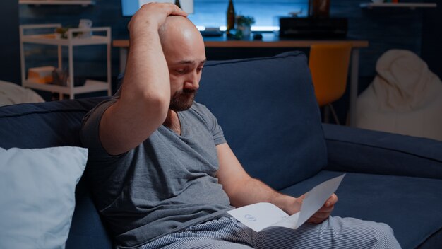 Worried anxious young man reading bad message in postal letter