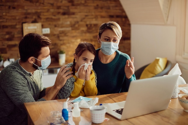 Worried family having video call with a doctor from home during coronavirus pandemic