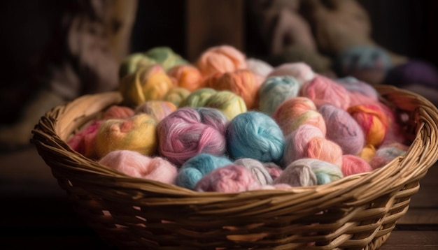 Free photo woven wool basket holds colorful knitting thread generated by ai