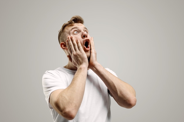 Wow. Attractive male half-length front portrait on gray studio backgroud. Young emotional surprised bearded man standing with open mouth. Human emotions, facial expression concept