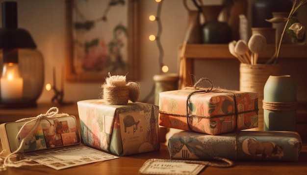 Free photo wrapped ornate gift box illuminated by candle generated by ai