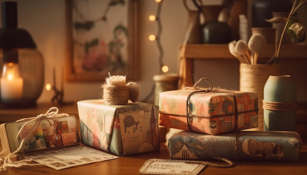 Wrapped ornate gift box illuminated by candle generated by AI
