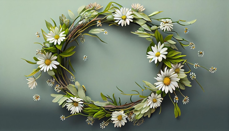 Free Photo a wreath of daisies is displayed on a blue background.