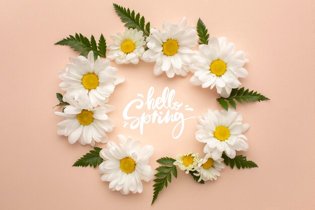 Wreath of flowers with hello spring