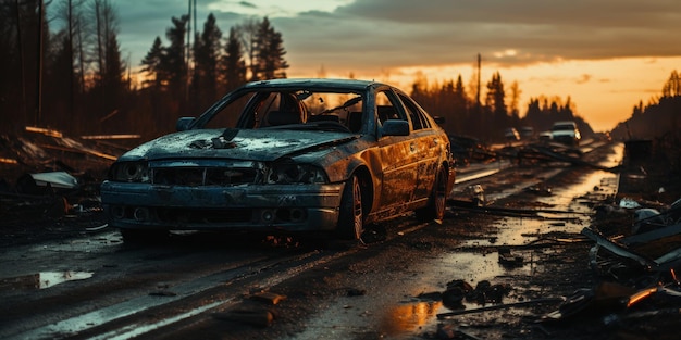 Free photo a wrecked car on the side of the road