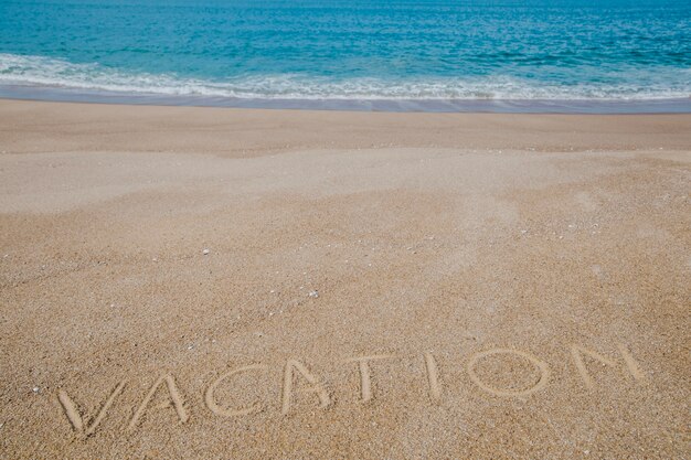 Written word on sand and ocean