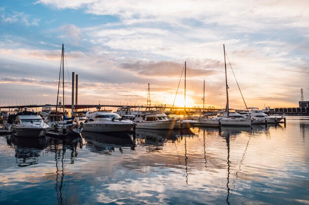 yacht reflection sunset harbour