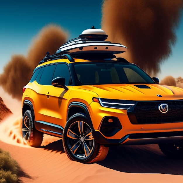 A yellow 2020 jeep suv is driving through the desert.