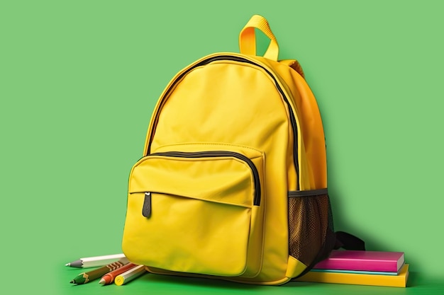 Yellow backpack School bag on green background AI generative