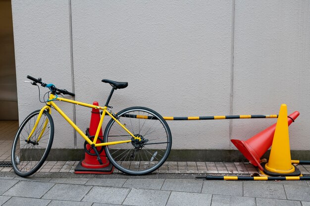 Yellow bicycle with black wheels