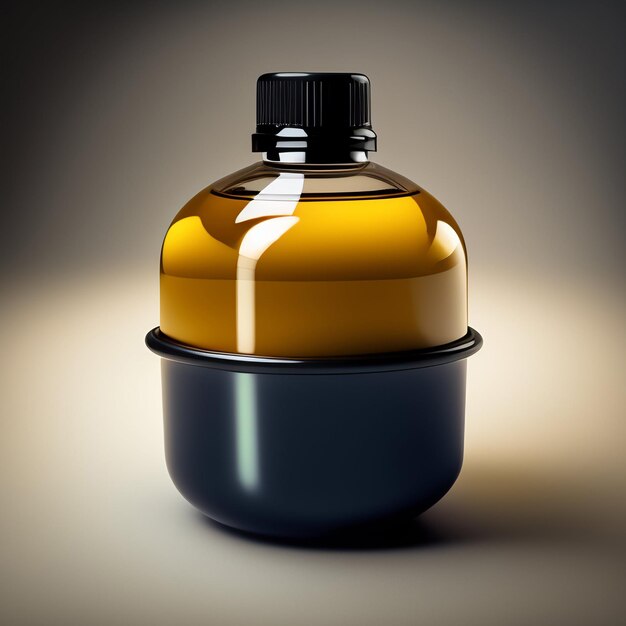 Желтая бутылка с черной крышкой находится в черном контейнере.