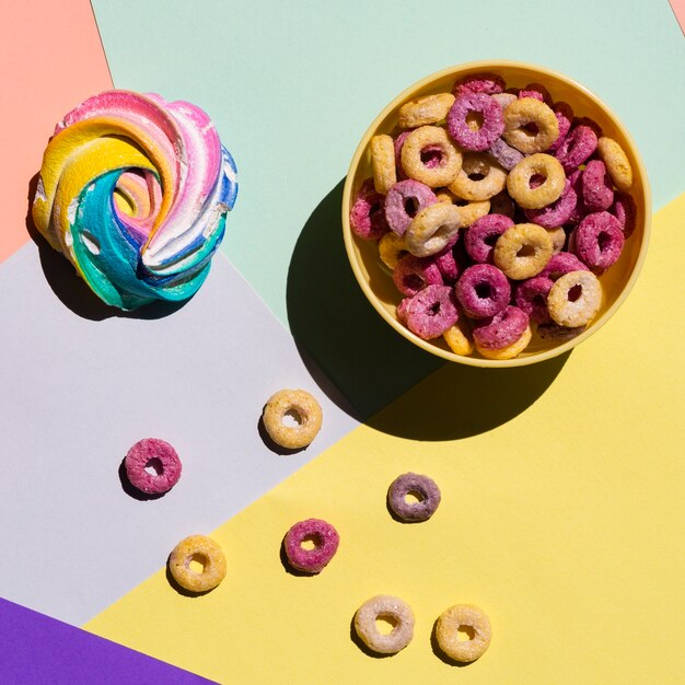 Yellow bowl of fruit cereal loops top view