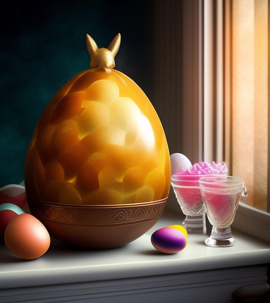 A yellow bunny shaped egg sits on a table next to two glasses.