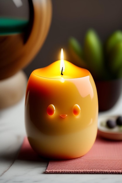 A yellow candle with a cute face on it