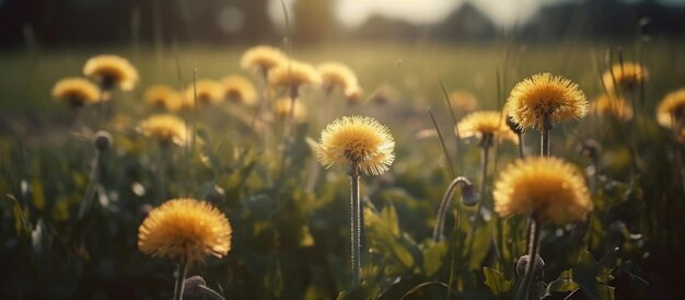 Yellow dandelions in nature in warm summer AI Generated Image