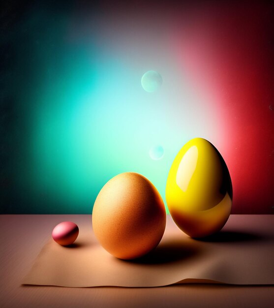Желтое яйцо лежит на столе рядом с красным и синим светом.