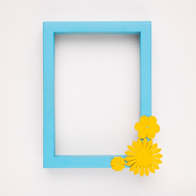 Yellow flower on the wooden blue frame against white background