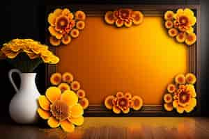 Free photo a yellow frame with flowers on it that says marigold