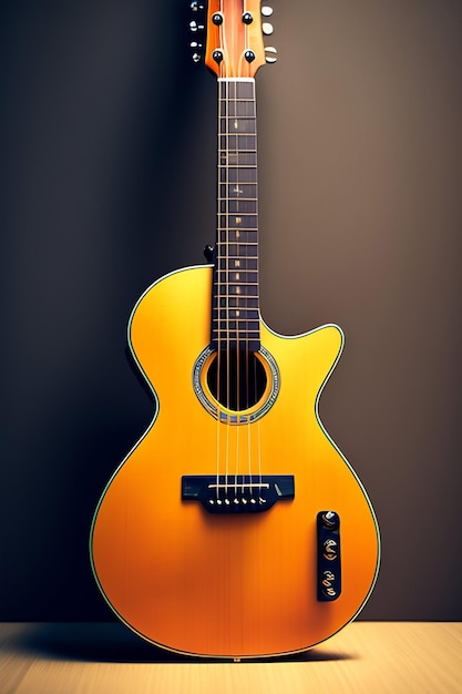 A yellow guitar with the word guitar on the front