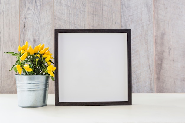 Yellow hot chili peppers in silver pot and white picture frame on table