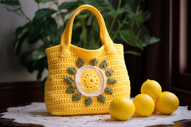 Free photo yellow knitted bag still life