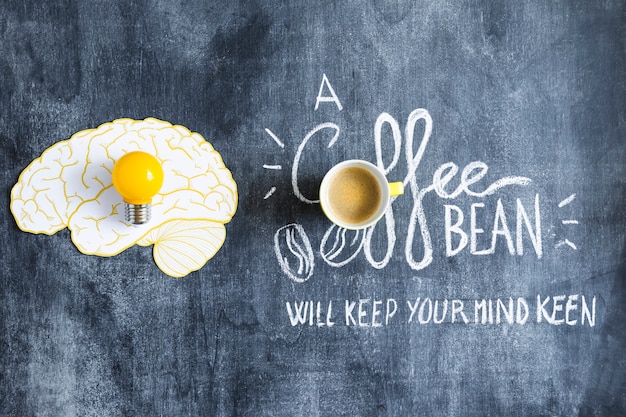 脳の紙の切り抜きに黄色の電球と黒板にテキストとコーヒーカップ