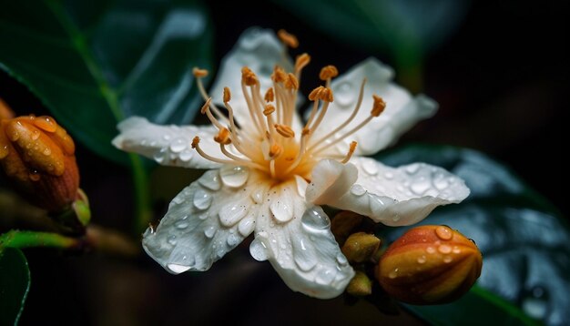 AI によって生成された新鮮なハーブに雨滴が付いた黄色い花びら