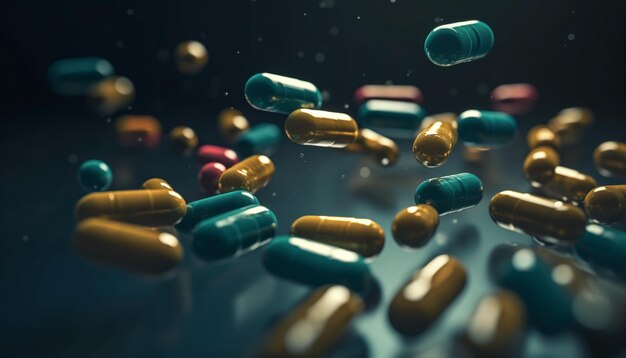 Yellow pill spills reflection of addiction water generative AI