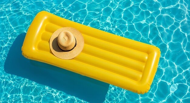 yellow pool float with a sun hat in a pool