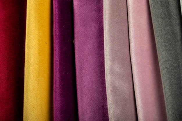 Yellow and purple color tailoring leather tissues in showroom