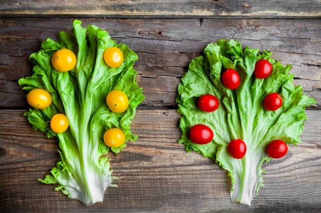 Yellow and red tomatoes on lettuce top view on a dark wooden background